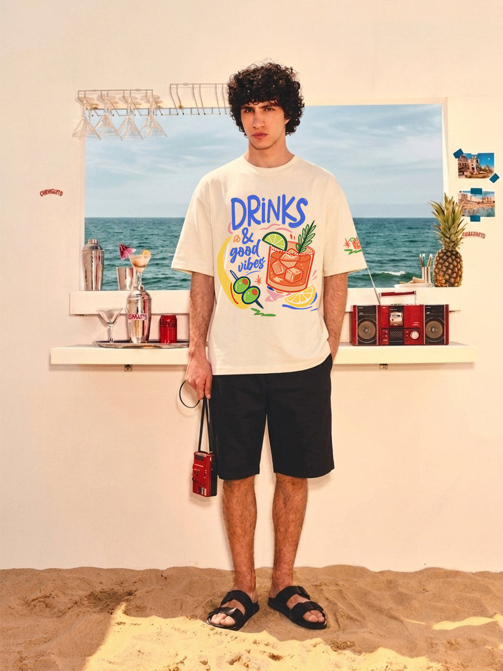 Drinks & Good Vibes Men Printed Oversized T-Shirt