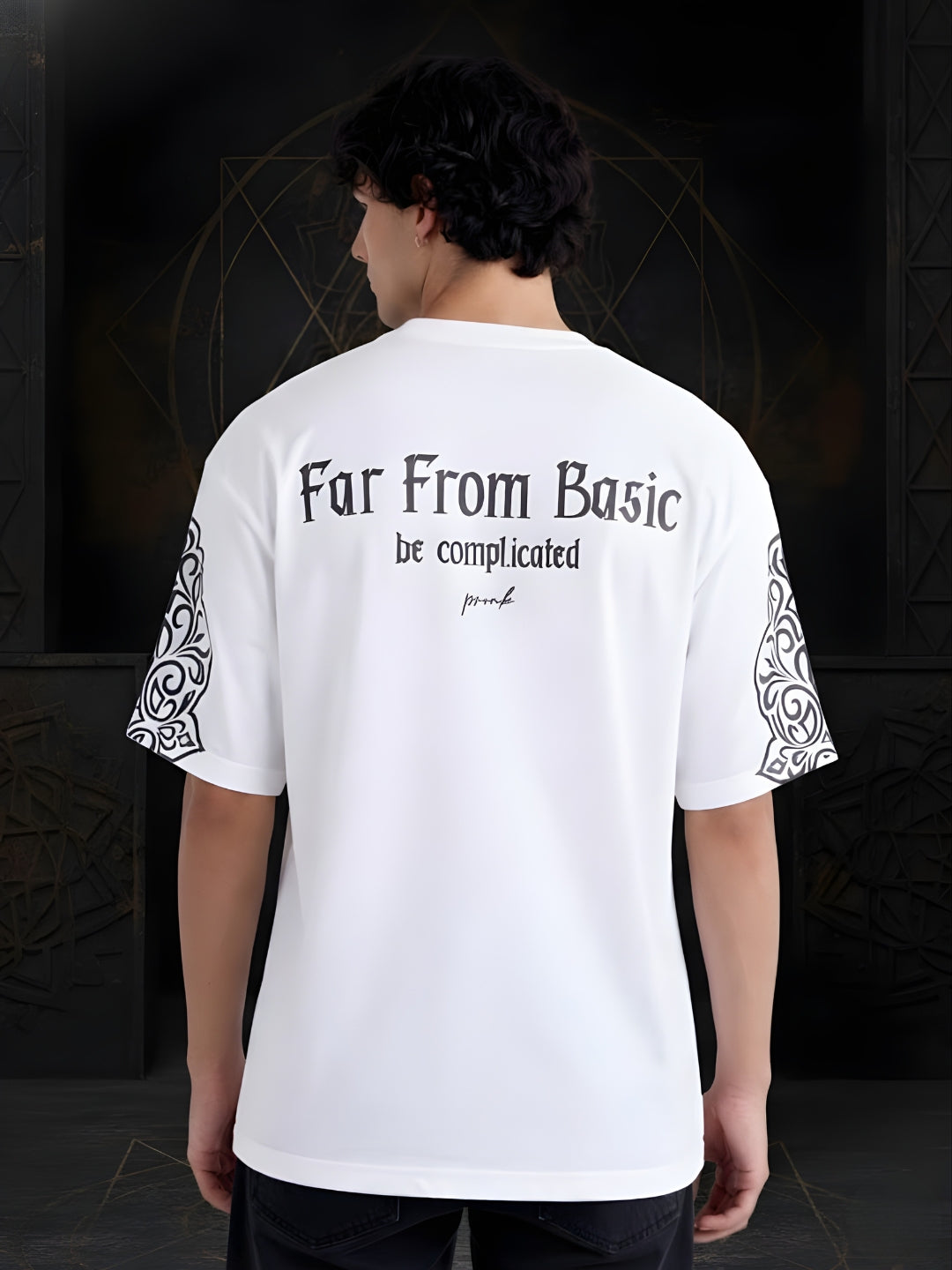 Far From Basic Puff Printed Men Premium Oversized T-Shirt - White