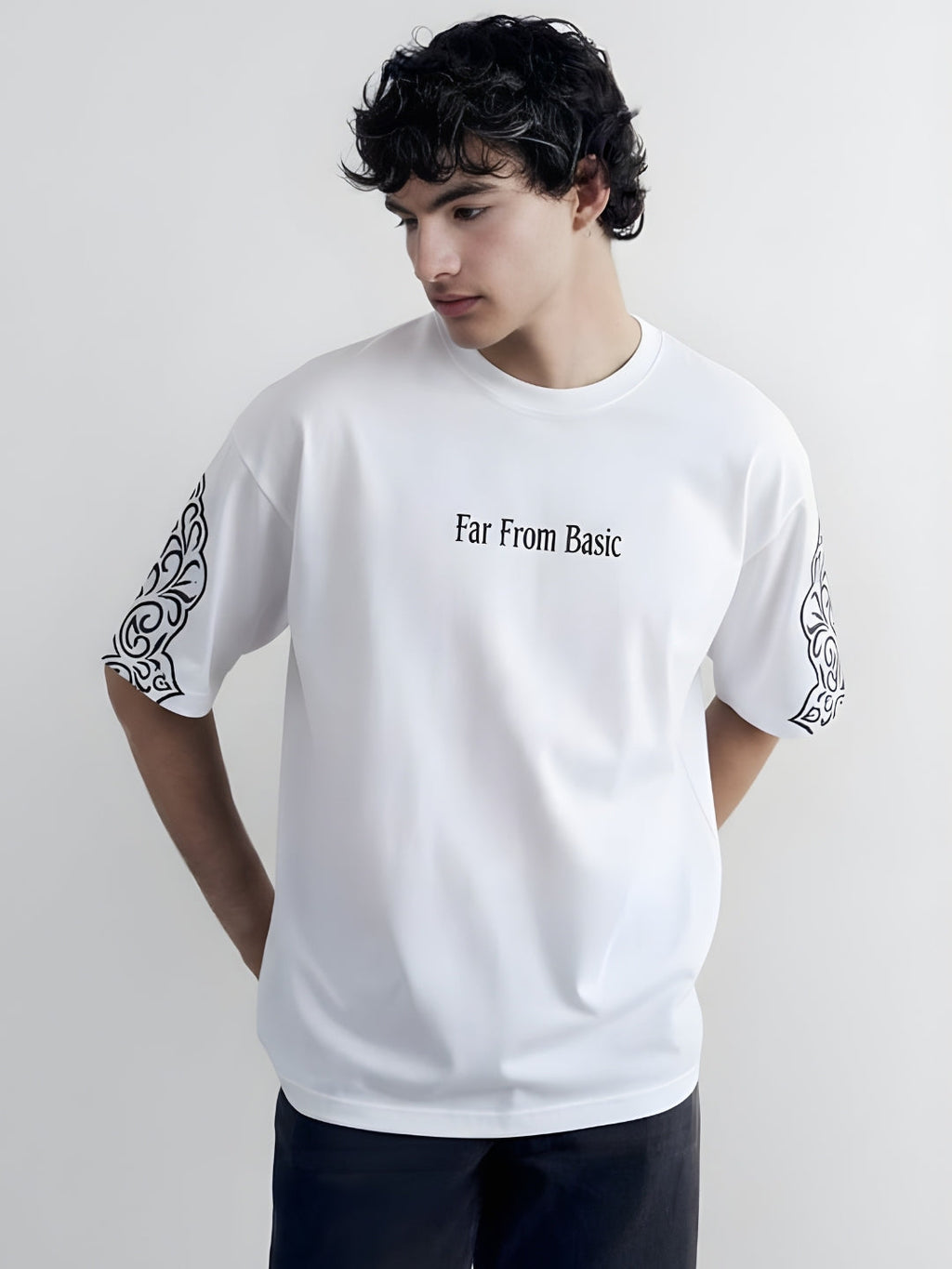 Far From Basic Puff Printed Men Premium Oversized T-Shirt - White