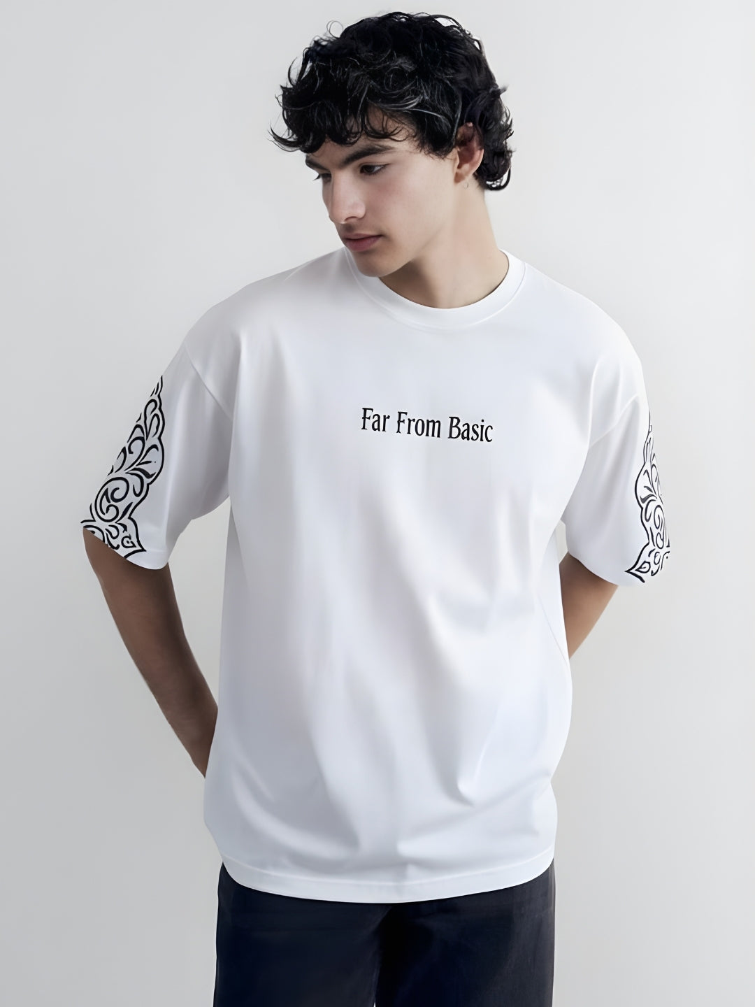 Far From Basic Puff Printed Men Premium Oversized T-Shirt - White