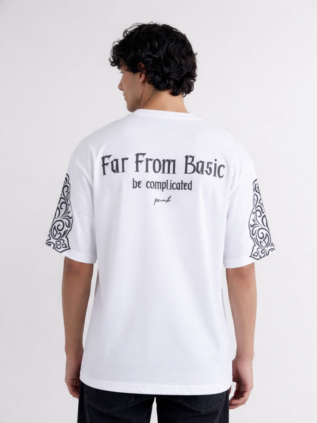 Far From Basic Puff Printed Men Premium Oversized T-Shirt - White